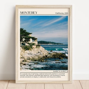 Monterey Wall Art Canvas, Monterey Framed Poster Photo Wall Decor, California USA, Summer Cozy Blue Ocean, Minimal Seaside Artwork, Wall Art