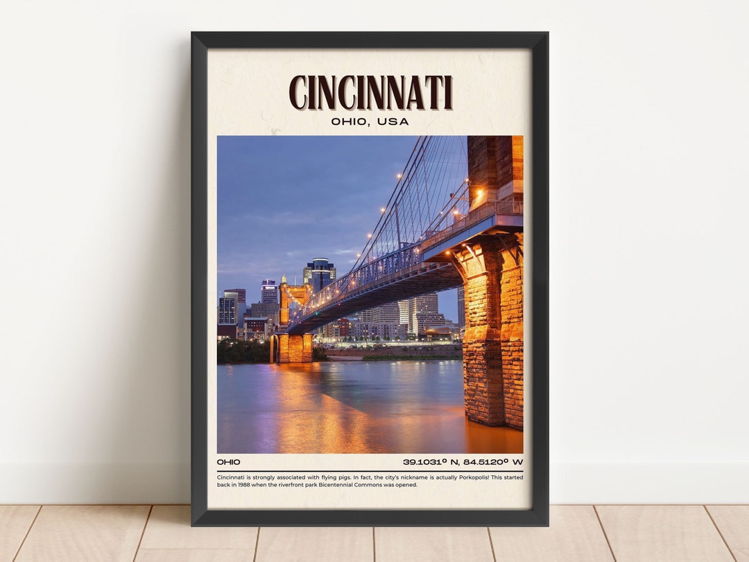 Cincinnati Vintage Wall Art, Cincinnati Canvas, Cincinnati Framed