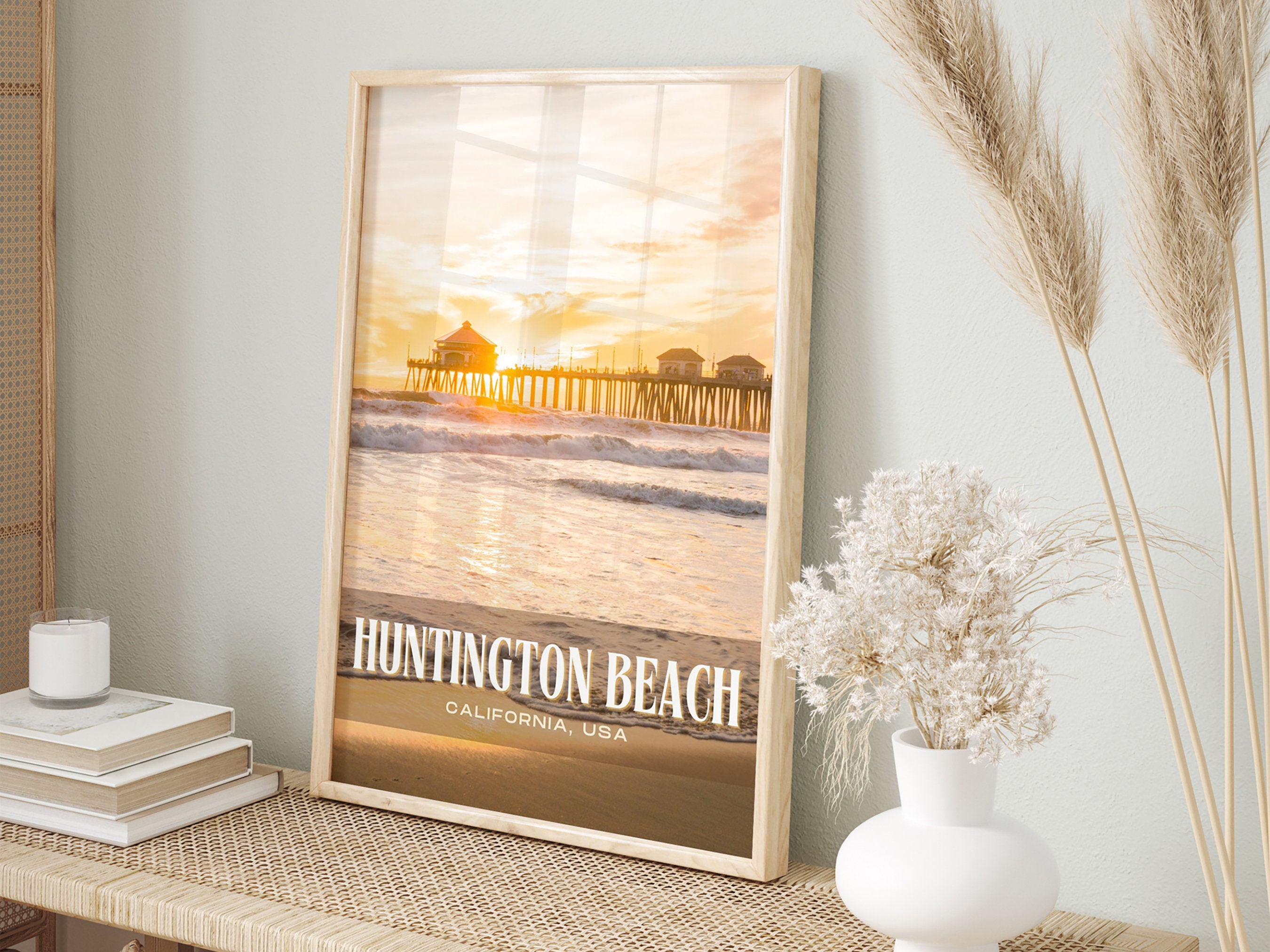 Huntington Beach Retro Wall Art, Huntington Beach Canvas, Huntington