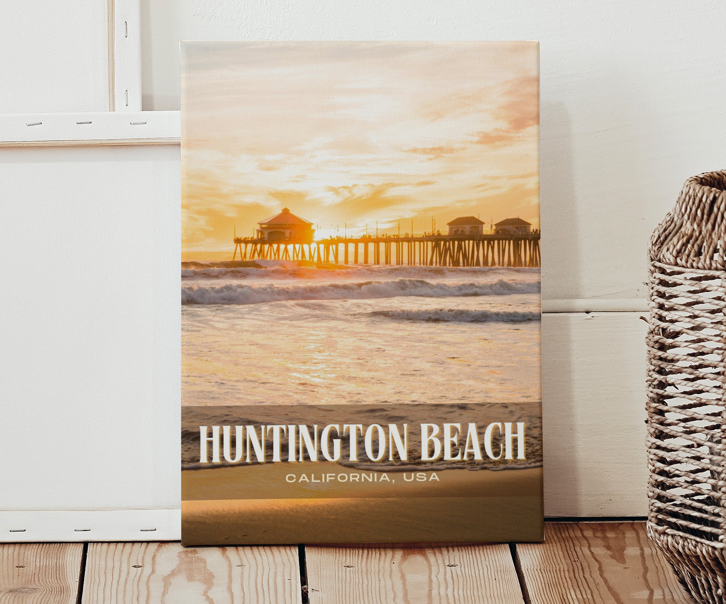 Huntington Beach Retro Wall Art, Huntington Beach Canvas, Huntington