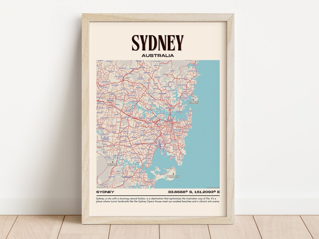 Sydney Map Wall Art, Sydney Canvas, Sydney Photo, Sydney Framed Poster