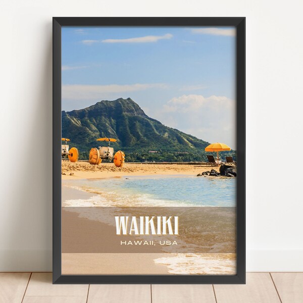 Waikiki  Retro Wall Art, Waikiki  Canvas, Waikiki  Framed Poster, Waikiki  Photo, Waikiki  Poster Print, Waikiki  Wall Decor, Hawaii, USA