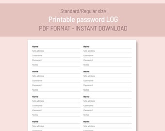 Password Log | Standard size TN Insert | Printable PDF, digital for FoxyFix 6 Midori Travelers Notebook, instant download