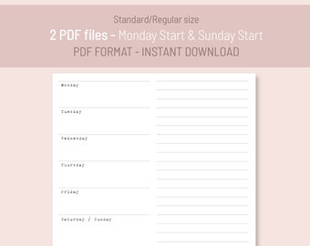 Undated Horizontal Week on 2 Pages | Standard size TN Insert | Printable PDF digital FoxyFix 6 Midori Travelers Notebook, instant download