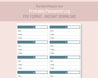 Password Log | Standard size TN Insert | Printable PDF, digital for FoxyFix 6 Midori Travelers Notebook, instant download