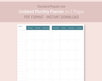 Undated Monthly Planner on 2 Pages | Standard size TN Insert |Printable PDF digital for FoxyFix 6 Midori Travelers Notebook instant download