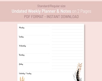 Undated Horizontal Week & Notes on 2 Pages | Standard size TN Insert | Printable PDF FoxyFix 6 Midori Travelers Notebook, instant download