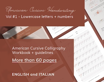 Puede incluir: Una descarga digital para un libro de trabajo de caligrafía cursiva americana con pautas. El libro de trabajo está disponible en inglés e italiano y contiene más de 60 páginas de ejercicios prácticos. La portada presenta un fondo marrón con texto blanco.
