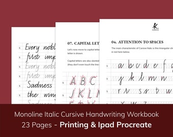 Printable Italic Monoline cursive practice guide workbook. Monoline Chancery Calligraphy PDF Worksheet, for Procreate & Print