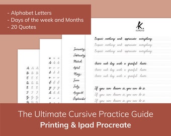 Hoja de trabajo de práctica de escritura de caligrafía cursiva: libro de trabajo imprimible con citas escritas a mano para Bullet Journal (compatible con Ipad Procreate)
