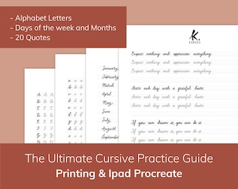 Puede incluir: Una guía de práctica de escritura cursiva imprimible para imprimir y iPad Procreate. La guía incluye letras del alfabeto, días de la semana, meses y 20 citas. La guía presenta un diseño en blanco y negro sobre un fondo blanco.