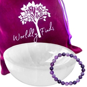 Selenite Bowl 4&quot; & Amethyst Crystal Bracelet Gift Set, Moroccan Hand-Crafted, Polished, Offering Bowl Ritual Charging Crystals Holder