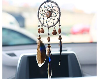 Mofeng Dream Catcher Car Interior Rearview Mirror Hanging Ornament Home Decor Handmade Grids Nature Feather Small Boho Car Charms Pendant Accessories