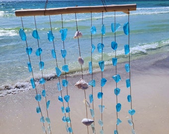 Blue Sea Glass Hanging Wind Chimes Wall Art, Handcrafted with Natural Seashells & Blue Seaglass, Driftwood Ocean Decor Shell Glass Windchime