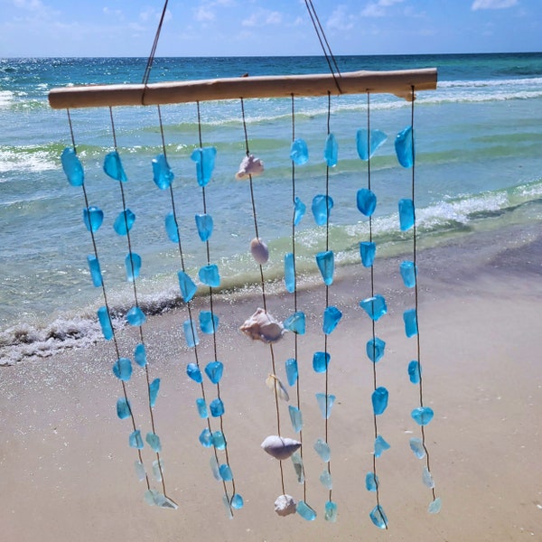Blue Sea Glass Hanging Wind Chimes Wall Art, Handcrafted with Natural Seashells & Blue Seaglass, Driftwood Ocean Decor Shell Glass Windchime