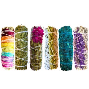 May include: Six bundles of dried herbs, each wrapped with white string. The bundles feature a variety of colors, including red, orange, yellow, green, blue, and purple. The herbs appear to be sage and other aromatic plants.