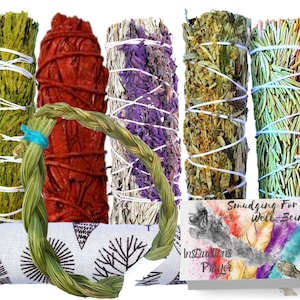 Sage Smudge Variety - 12” Organic Sweet Grass, Lavender Blue Sage Yerba Santa Stick, Dragon’s Blood White Sage, Black Sage, Cedar, Rosemary
