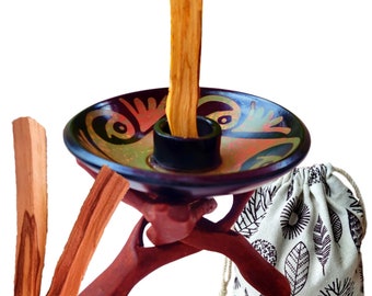 Artisan Palo Santo Sticks Holder w/Stand Gift Set, Smudge Bowl, Hand-Crafted Chulucanas Peruvian Pottery Bowls, Palo Santo, Incense Burning
