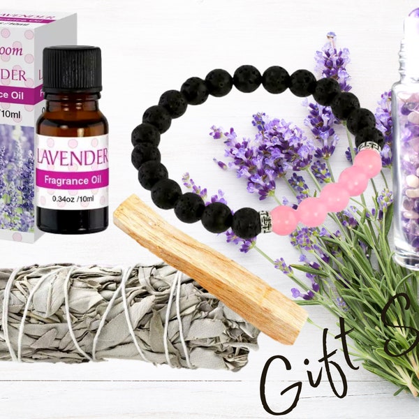 3 Aromatherapy Gift Set Choices! 5 Piece Essentials: Fragrance Oil, Gemstone Roller Bottle, Diffuser Bracelet Set, White Sage, Palo Santo