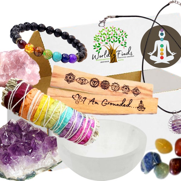 Chakra Crystal Healing 15 Pc Aura Cleansing Kit - Selenite Bowl, Amethyst Cluster, 7 Chakra Stones Necklace Set, Diffuser Bracelet, Sage Set