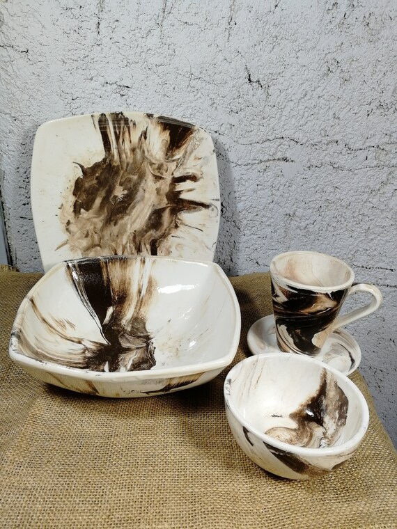 Square Dinnerware Dinner Plates Bowls Cups Kitchen Stoneware Dishes Set 16 Piece Ebay