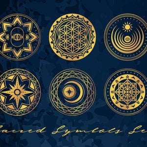 Set of Sacred Mystical Symbols. PNG Golden, Black and White Geometric Shapes. Magic Esoteric Signs. PNG Clipart on transparent background.