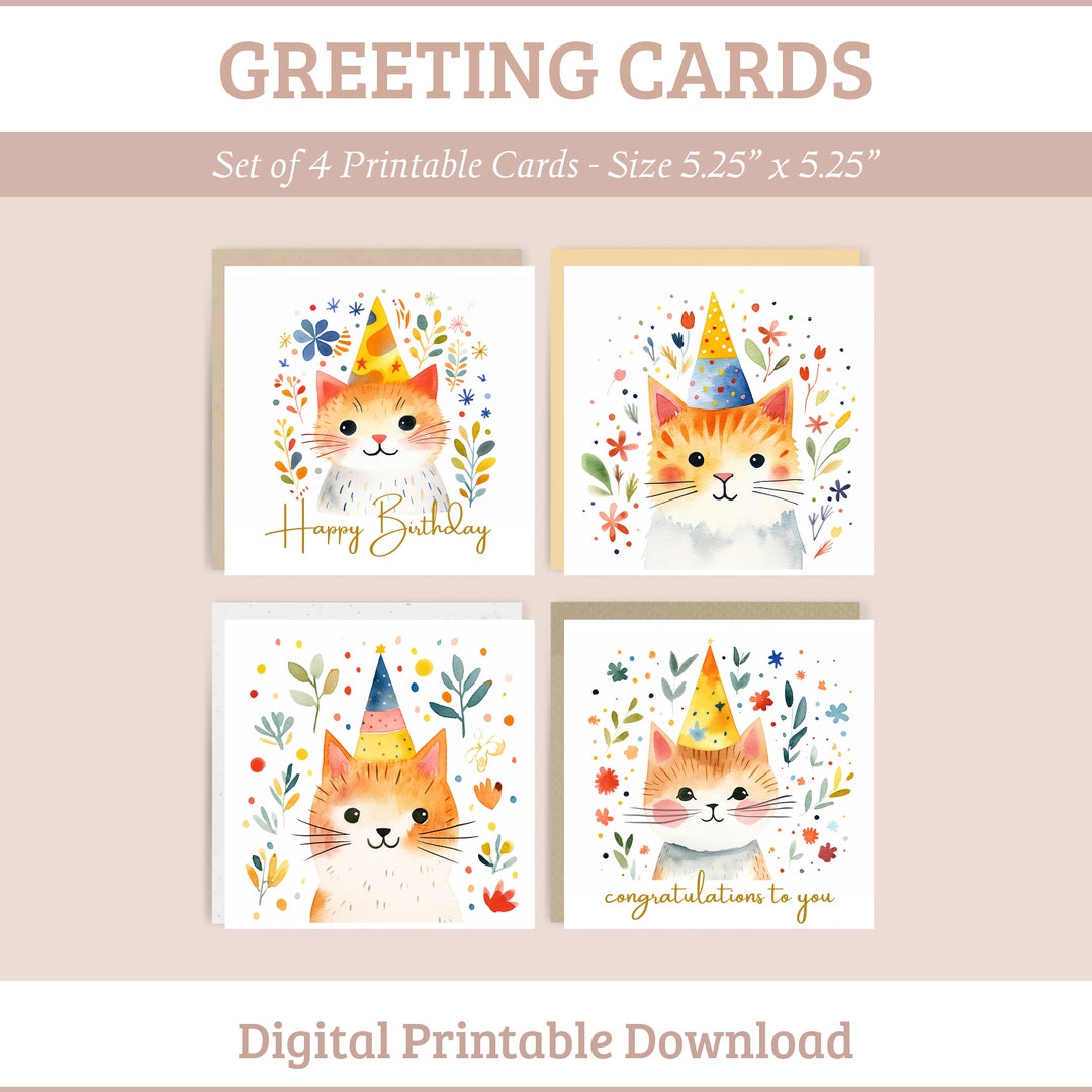 Set of 4 Printable Watercolor Cats Greeting Cards, Birthday Card Bundle ...
