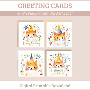 Lot de 4 cartes de voeux imprimables aquarelle chats, lot de cartes d'anniversaire, téléchargement numérique imprimable, impression à la maison