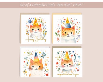 Set of 4 Printable Watercolor Cats Greeting Cards, Birthday Card Bundle, Printable Digital Download, Print at Home