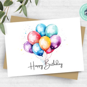 Printable Hand Drawn Greeting Card Happy Birthday with Balloons, Instant Download, Print at Home, Print 8.5"x11", Cut to 7"x5" folded