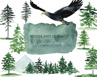 Watercolor Forest Green Tree Clipart, Woodland Pine Trees, landscapes, Mountain Digital Clip Art, Wedding invitation, Scrapbooking Set