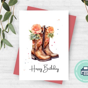 Printable Happy Birthday Card with Cowboy's Boots and Cacti, Instant Download, Print at Home, Print 8.5"x11", Cut to 5"x 7" folded