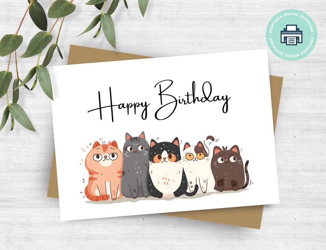 Printable Greeting Card Happy Birthday With Funny Cats, Instant