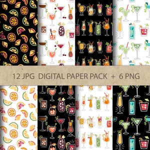 Lindo paquete de papel digital con cócteles, bebidas de fiesta de verano, patrón sin costuras de bebidas, juego de papel, descarga instantánea, archivo digital