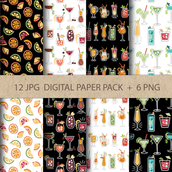 Cute Digital Paper Pack with Cocktails, Summer Party Drinks, Beverages Seamless Pattern, Paper Set, Instant Download, Digital File