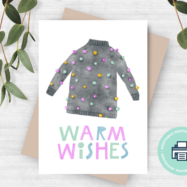 Printable Hand Drawn Greeting Card Warm Wishes, Instant Download, Print at Home, Print 8.5"x11", Cut to 5"x7"