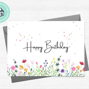Carte de vœux imprimable Joyeux anniversaire avec aquarelle de fleurs sauvages, téléchargement numérique imprimable