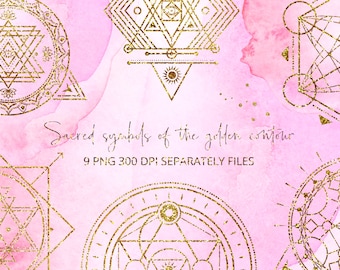 Sacred Geometry Clipart, Mystical Sacred Set, Geometry Alchemy Golden Symbols, Magic Esoteric Signs, PNG Golden Clipart