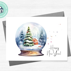 Carte de vœux IMPRIMABLE aquarelle Snow Globe, téléchargement instantané, carte de bonne année, impression à la maison