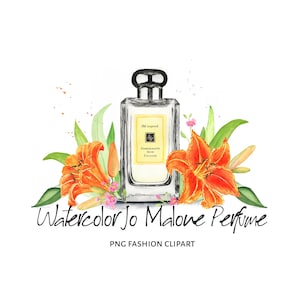 Acuarela Jo Malone Perfume Clipart con flores de lirio, impresión Jo Malone, impresión de ilustración de moda, cartel de acuarela, boceto de moda