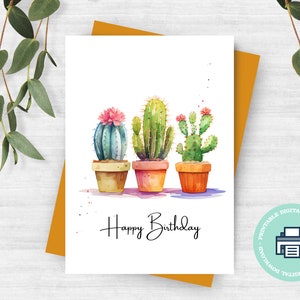 Cartão de aniversário divertido de cactos em vasos para impressão, download instantâneo, cartão de cactos engraçado, imprima em casa