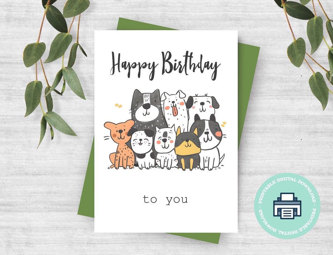 Printable Greeting Card Happy Birthday With Funny Dogs, Instant ...