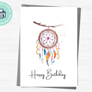 Cartão de feliz aniversário para impressão com aquarela Dreamcatcher, download digital para impressão, imprimir em casa