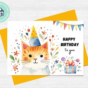Cartão de felicitações para impressão de feliz aniversário com gato aquarela e presente, download instantâneo, cartão digital, impressão em casa