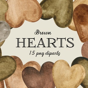 Aquarel bruine harten cliparts, liefdeskaarten maken, PNG-sublimatieontwerp, direct downloaden