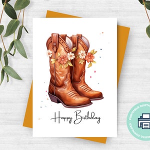 Printable Happy Birthday Card with Cowboy's Boots and Cacti, Instant Download, Print at Home, Print 8.5"x11", Cut to 5"x 7" folded