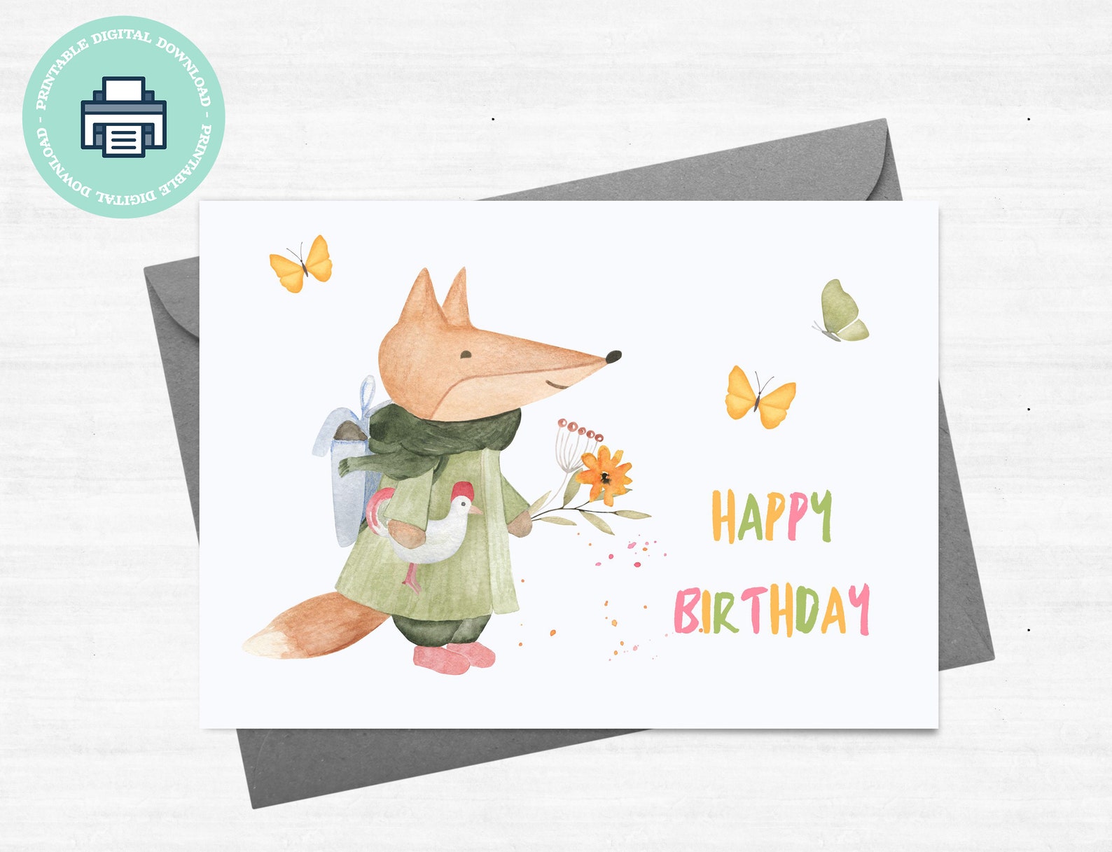 Printable Greeting Card Happy Birthday Wih Watercolor Fox, Printable ...