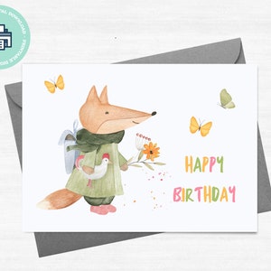 Carte de vœux imprimable Joyeux anniversaire avec renard aquarelle, téléchargement numérique imprimable