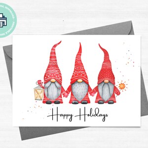 Biglietto d'auguri stampabile Buone vacanze con gnomi acquerello, download digitale stampabile