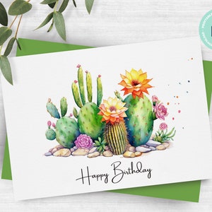 PRINTABLE Watercolor Cacti Birthday Card, Instant Download, Funny Cacti Card, Print at Home